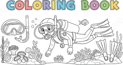 Cute cartoon scuba diver swimming underwater with coral reef and diving gear coloring book page for kids summer activity vector