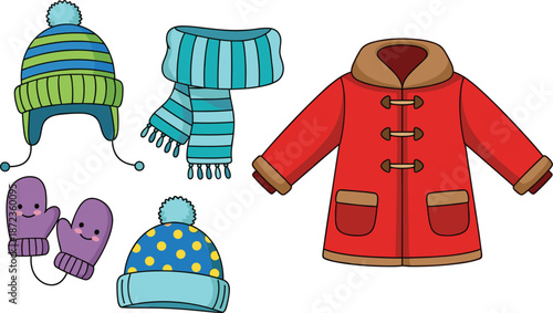 Cute cartoon winter clothing set collection with red coat hats scarf and mittens vector illustration isolated on white background for fashion