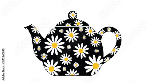 Black ceramic teapot decorated with a charming white and yellow daisy pattern, perfect for kitchen decor or afternoon tea concepts.