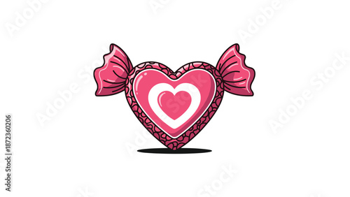 Heart-shaped candy in a pink decorative wrapper with wings, symbolizing sweetness and love for valentines day or romantic events.