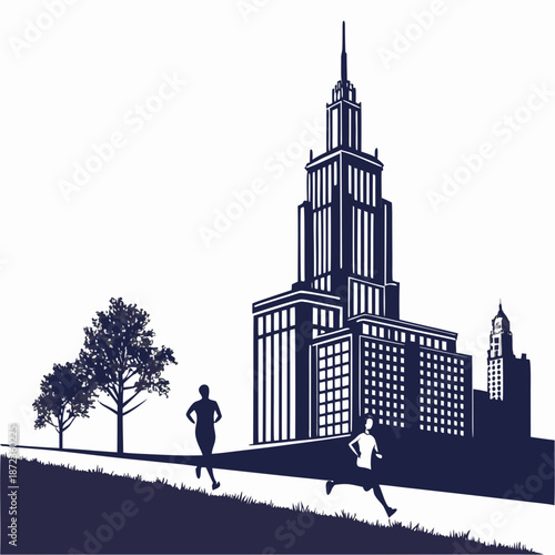 Runners in front of skyscrapers