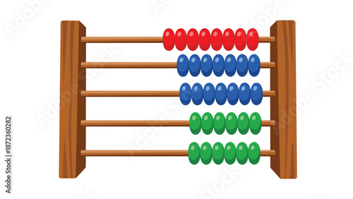 Traditional wooden abacus with colorful red, blue, and green beads on a frame, representing mathematics and early childhood education.