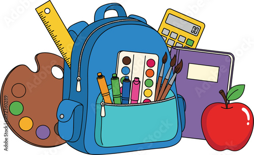 Cute blue school backpack filled with colorful stationery art supplies and red apple for back to school education concept vector illustration