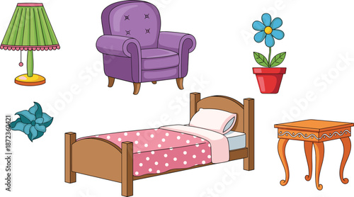 Cute colorful cartoon furniture collection with bed armchair lamp and table for home interior design vector illustration