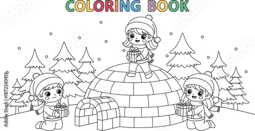 Cute cartoon children holding gifts near igloo in winter snow coloring book page for kids christmas holiday activity vector