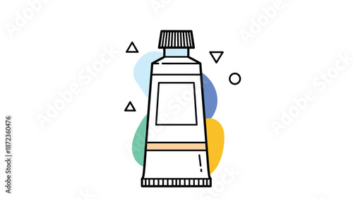 Tube of white paint displayed against an abstract background of soft blue, green, and orange shapes with geometric icons.