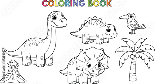 Cute cartoon dinosaur coloring book page collection with triceratops stegosaurus diplodocus and volcano for kids education activity vector illustration