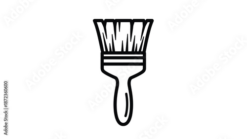 Black and white line art of a paintbrush with a wooden handle and thick bristles, representing art, painting, and creative work.