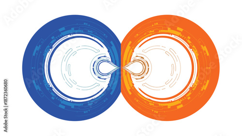 Technological infinity symbol formed by two interlocking circular gear patterns in blue and orange, representing endless connectivity.