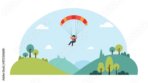 Scenic illustration of a person paragliding in a bright sky over rolling green hills and trees within a semi-circular frame.