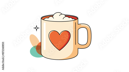 Cozy beige coffee mug with a large orange heart and frothy whipped cream on top, surrounded by soft colorful abstract shapes.