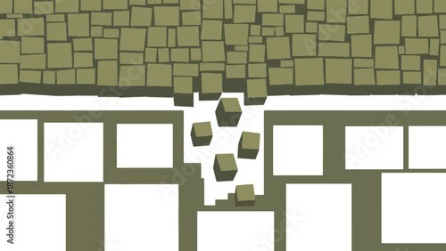 Abstract brick wall crumbling and falling apart, flat vector illustration of structural failure, breaking boundaries and decay concept