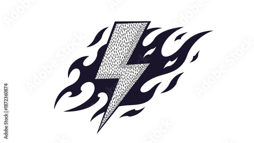 Hand-drawn style lightning bolt with a textured fill surrounded by thick black flames, symbolizing raw power and elemental energy.