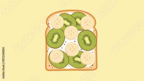 Delicious slice of white bread toast topped with cream cheese and arranged slices of kiwi and banana on a light yellow background.
