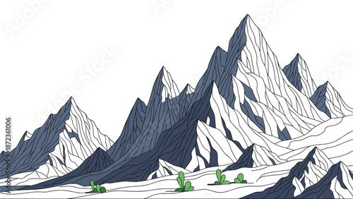 Detailed line art illustration of a majestic mountain range with sharp peaks and textured slopes under a bright clear sky on a white background.
