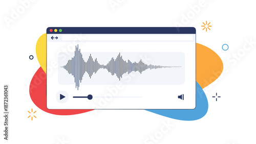 Modern user interface design of a web browser window displaying an audio waveform player with colorful abstract shapes in the background.