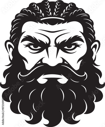 Angry Viking Warrior King with Crown and Beard, Dark Silhouette Illustration for Fantasy and History Designs