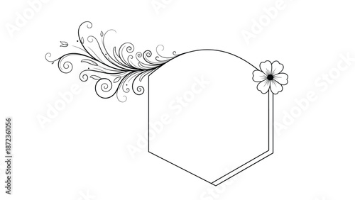 Decorative hexagonal frame with intricate black line art swirls on the left side and a small simple flower on the right side on white background.
