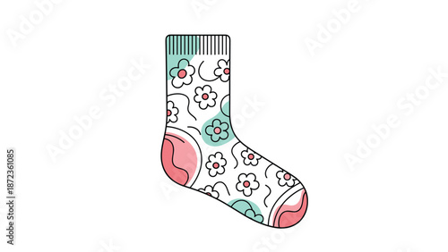Stylish single cotton sock featuring a cute floral pattern with white flowers, pink heel, and light blue accents on a clean white background.