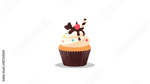Delicious cupcake illustration with white frosting, chocolate sauce, a red cherry, a wafer stick, and colorful sprinkles on a white background.