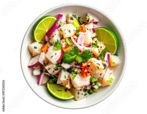 Overhead shot of a colorful ceviche dish served in a white bowl with lime wedges