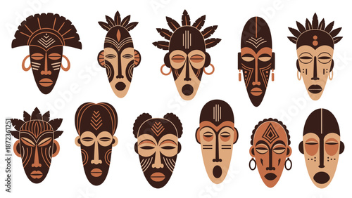 Collection of various traditional african masks with different geometric patterns and earthy colors arranged in two rows on a white background.