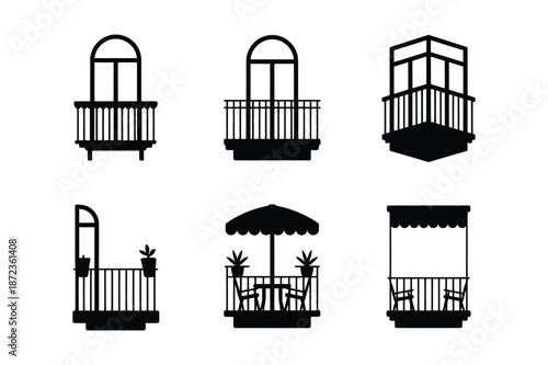 Silhouettes of various balcony and terrace railing styles