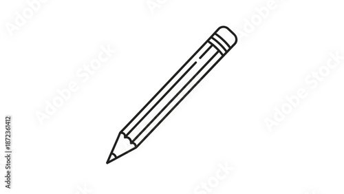 Simple black and white line drawing of a sharpened wooden pencil with an eraser on its end on a clean white background for school use.