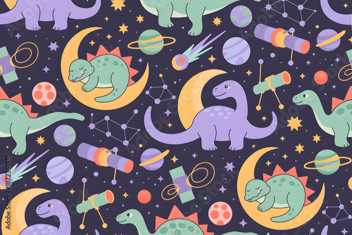 Cute hand drawn dinosaur in space seamless pattern with telescope stars and planets for kids