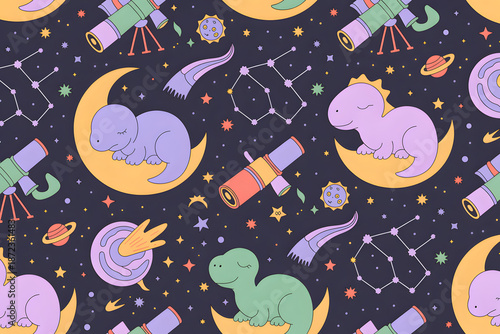 Cute hand drawn dinosaur in space seamless pattern with telescope stars and planets for kids