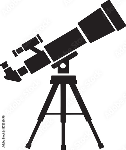 Black and white telescope on tripod aiming at sky for astronomy and stargazing exploration