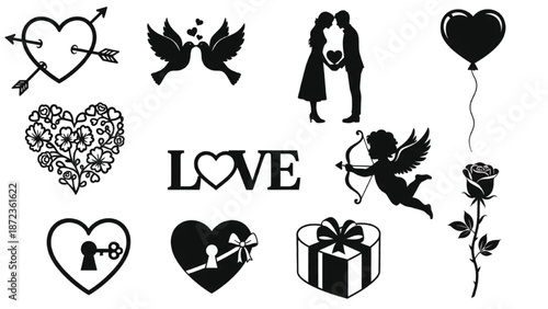 Valentine Love Silhouette Icons Set with Hearts, Cupid, Couples and Gifts