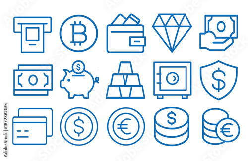 Business icon set vector illustration with editable stroke featuring ATM terminal, bitcoin coin, money wallet, diamond, and safe box.