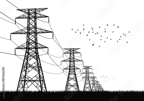 High voltage power transmission towers in perspective with flying birds, electricity grid infrastructure silhouette landscape vector illustration