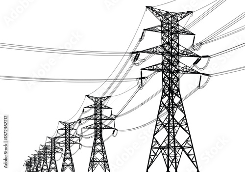 Perspective view of high voltage electricity transmission towers and power lines industrial energy infrastructure vector illustration isolated