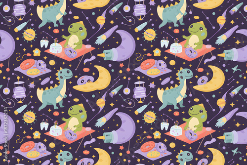 Seamless space pattern with cute dinosaurs moons planets asteroids lamps donuts for kids design