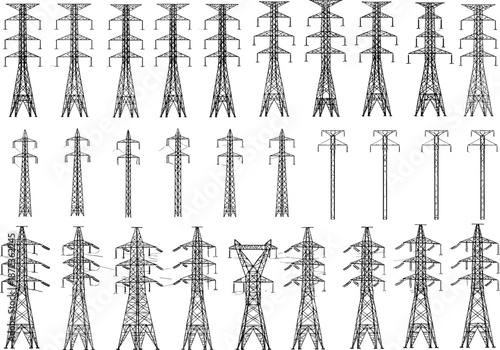 Set of high voltage electricity transmission towers and power pylons industrial energy infrastructure vector collection isolated on white background