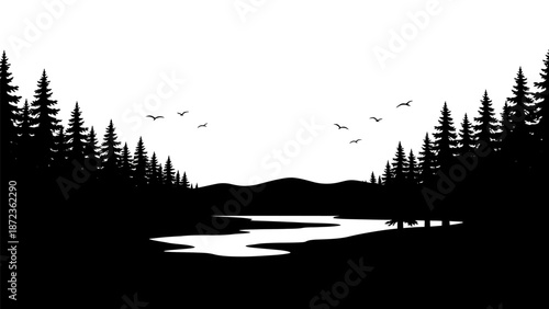 Silhouette of Trees and Birds Landscape.