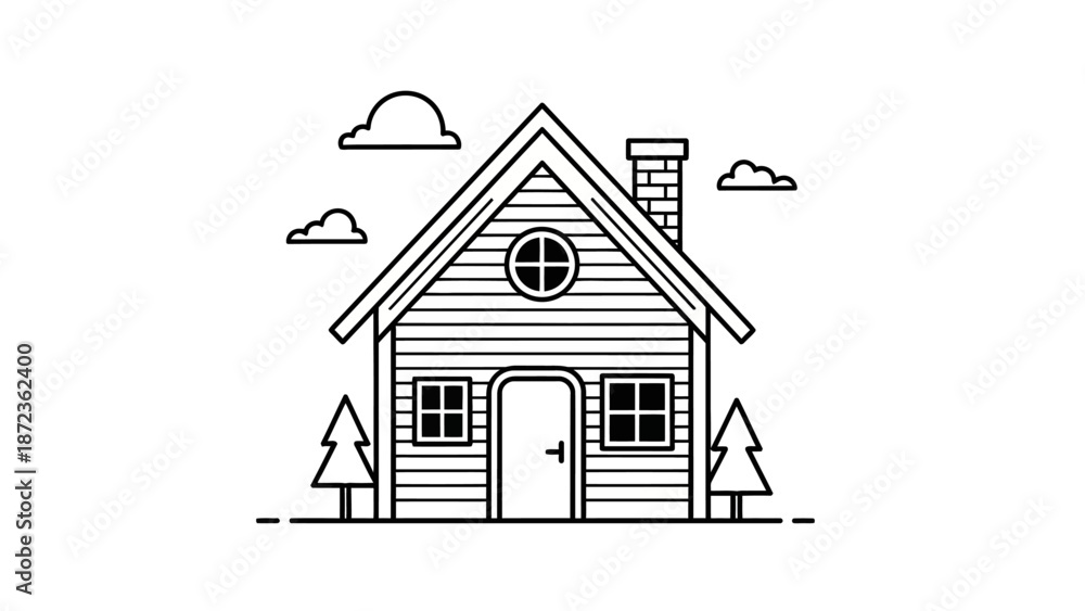 Fototapeta premium Simple House Illustration with Trees and Clouds.