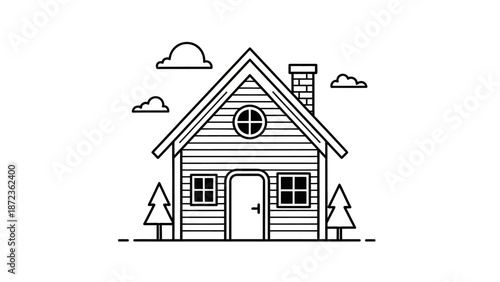 Simple House Illustration with Trees and Clouds.