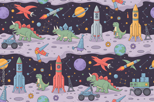 Seamless pattern with dinosaurs flying rockets on moon looking at planets stars comets artwork