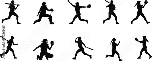 Baseball and softball player silhouette set showing batting pitching catching and running actions isolated on white background vector illustration