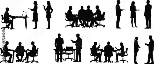 Business people silhouette collection showing office meetings discussions teamwork and professional interactions isolated on white background vector illustration