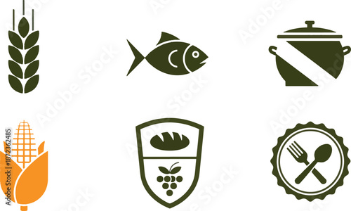 Organic food and agriculture icon set, flat vector symbols of wheat, fish, cooking pot, corn and bakery for healthy lifestyle