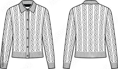 Cable knit cardigan sweater technical illustration showing front button closure and back view with long sleeves isolated on white background fashion vector design