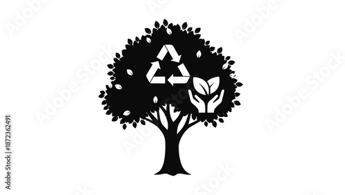 Tree Silhouette with Recycling Symbol and Leaves.