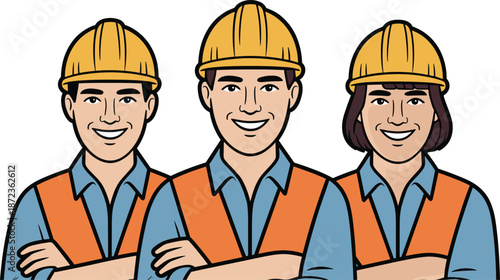 Construction worker team cartoon illustration featuring male and female builders wearing safety helmets and reflective vests isolated on white backgroundConstruction worker team cartoon 