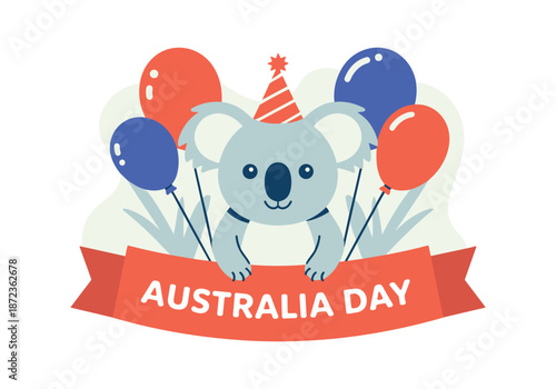 Cute cartoon koala wearing a party hat celebrating Australia Day with balloons and a banner Illustration
