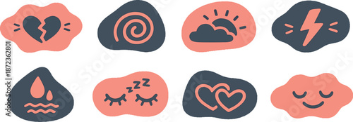 Hand drawn mental health and emotional balance icon set, doodle psychology symbols of love, sleep, stress and happiness on abstract shapes