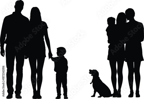Family silhouette illustration showing parents holding child with pet dog together representing love care and togetherness isolated on white background vector design